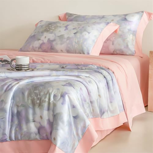 Surwin Couvre Lit Satin Dessus de Lit Doux et Soyeux Motif Floral Papillon Couvre Lit Matelassé été Réversible Courtepointe de Soie Polyester Légère pour 2 Personnes (Rose,180x200cm)