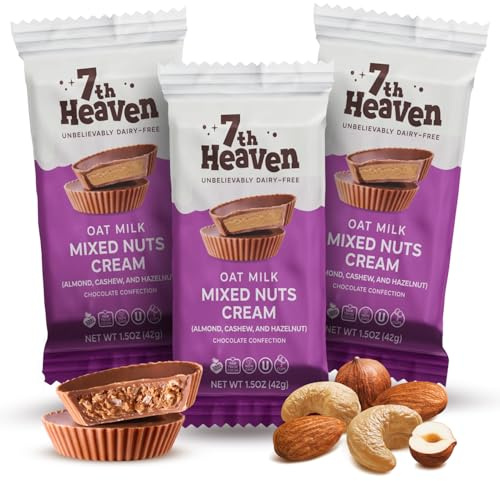 7th Heaven Oat Milk Chocolate Mixed Nuts Cream Cups 42g Pack of 3 – Delicious Almond Cashew Hazelnut Filling Vegan Chocolate – Dairy-Free Plant-Based Treat, Smooth Crunchy Texture