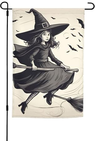 Bandera de Halloween con diseño de bruja voladora 1 impresión de 12 x 18 pulgadas, bandera floral de jardín para todas las estaciones, decoración de patio al aire libre, gruesa para césped