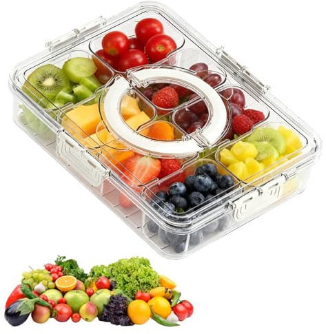 WEELOO Clear Divided Serving Tray with Lid and Handle, Reusable Snack Box | with 8 Removable Compartments, Portable Food Storage Container for Salad, Vegetables, Fruit, Snacks, Party, Picnic