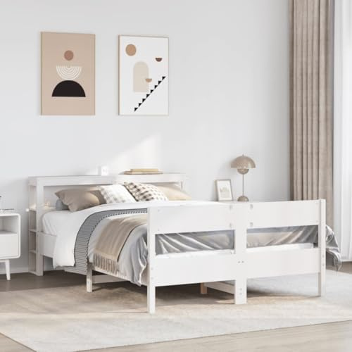 QJBSAVVA Echtholz Bettgestell Kiefer 214,5x141x82 cm Weiß mit Lattenrost und Ablage für 135x190 cm Matratze, Modernes Design und Stauraum Jugendzimmer Schlafzimmer