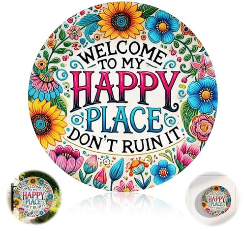 Vintage Wall Sign Welcome to My Happy Place Don't Ruin It, 8x8 Inch Round Metal Wall Art, Aluminum Vintage Decor for Home, Garden, Farm, Indoor & Outdoor Metal Signs