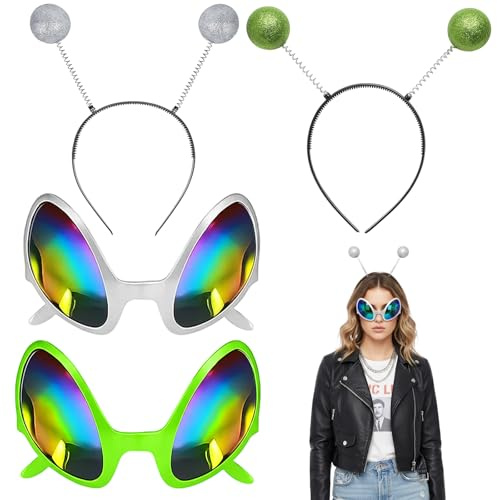 ZocRjvN 4er Set Alien Haarreif, Alien Kostüm Zubehör mit Brille | Weltall Kostüm Accessoires für Damen und Men, Außerirdischer Kostüm Haarspange in Grün und Weiß