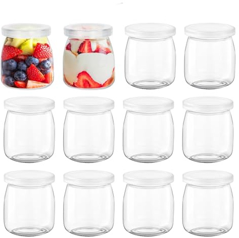 Pots à Yaourt Transparents, Lot de 12 Pots à Pudding en Verre avec Couvercle, 200 ml Pots de Yaourt avec Couvercles Hermétiques, Mini Bouteilles en Verre pour Jams, Miel, Mousse, Desserts