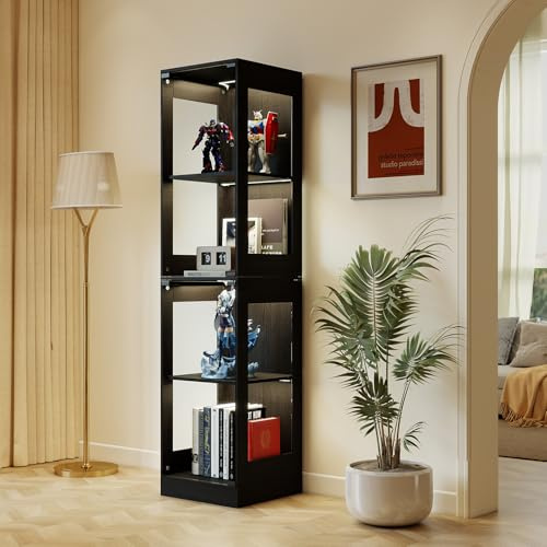 YU YUSING Vitrine Colonne en Verre LED 40x35x165cm, Armoire pour Collection | 4 Étagères, Éclairage LED intelligent à Capteur, Porte de Pression sans Poignée, Bibliothèque Mangathèque, Noir, Salon