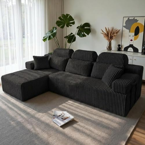 HOMRELEXA 270cm Corner Sofa with High Backrest, Corduroy Boneless Couch