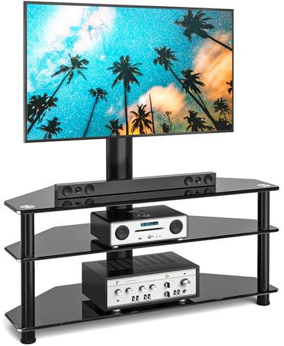 Corner Floor TV Stand with Swivel Mount for Most 32“-65” LED, LCD, OLED and Plasma Flat or Curved Screen TVs, Height Adjustable 3-in-1 Entertainment Stand in Black