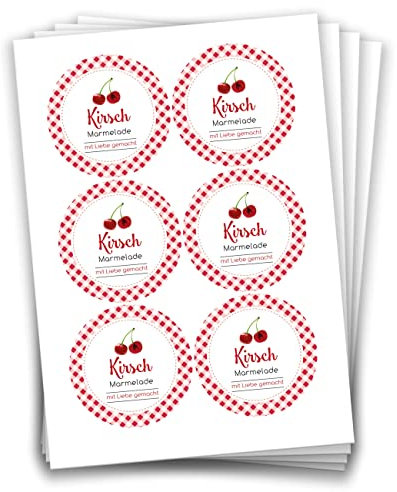 Papierdrachen 24 Marmeladen-Aufkleber | Selbstklebende Etiketten für selbst gemachte Kirsch-Marmelade - 4 cm große Sticker für Eingekochtes - Homemade zum Selbst beschriften - gut ablösbar