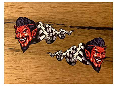 24/7stickers MG357 / 2X Aufkleber je 9,5 x 5,5 cm Skull Devil Teufel Racing Checkered Flag Flagge Ziel Oldschool Vintage Rockabilly USA V8 Hot Rod US