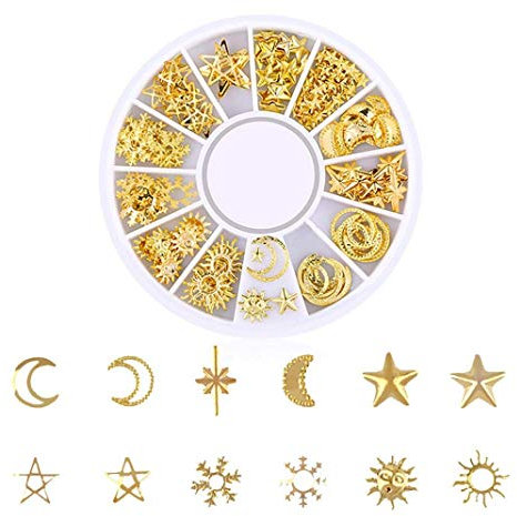 Neue Charm Gold Full Set Rivet Nails Diamanten Glanz Sterne und Mond Dekoration Nagel Schmuck (D) Langlebig und Praktisch