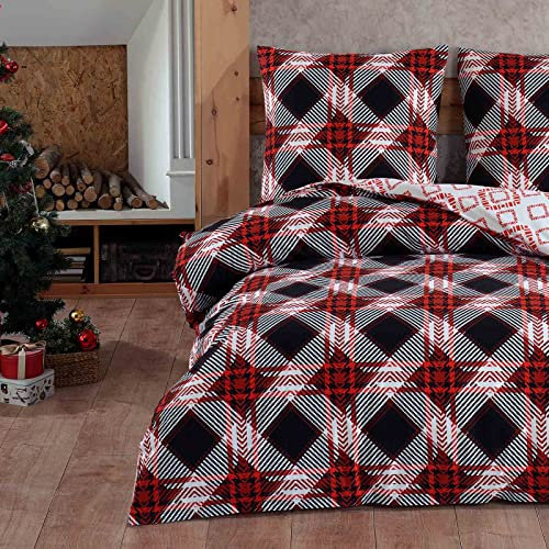 Style Heim Biber Bettwäsche 200x200 cm Flauschige Winterbettwäsche 3 Teilig 100% Baumwolle mit Reißverschluss Bettwäsche-Set Kissenbezüge 80x80cm, Wendebettwäsche Karomuster Gestreift