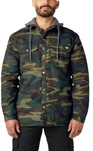 Dickies Men's Fleece Hooded Duck Shirt Jacket with Hydroshield, Hunter Green Camo, L