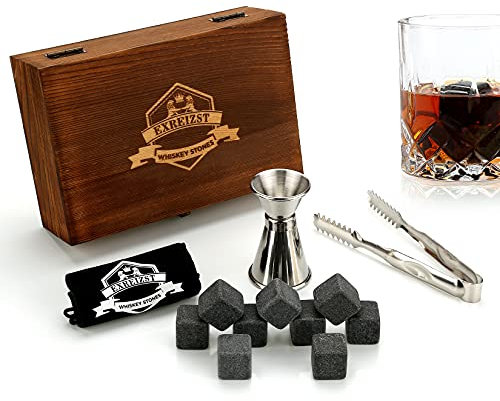 exreizst Confezione Regalo Whisky Stone | 9 Whisky di Ghiaccio riutilizzabili, Dotati di pinze per Il Ghiaccio, misurini e Sacchetti di conservazione, Le Bevande ghiacciate Non diluiranno la Bevanda