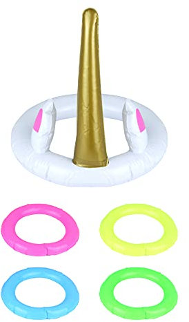 HENBRANDT Aufblasbares Einhorn-Ringwurfspiel, 5-teilig, Kunststoff, Blau, Grün, Rosa, Gelb, Modern, Spiel, Birthday Party