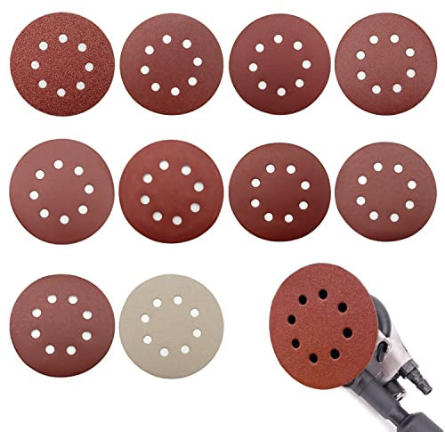 Disque de Ponçage 100pcs, Disques Abrasifs 125 mm, Grain 80/180/240/400/800/1000/1200/1500/2000/3000, pour ponceuses orbitales aléatoires, Idéal pour Poncer, Polir, Dérouiller (8 trous)