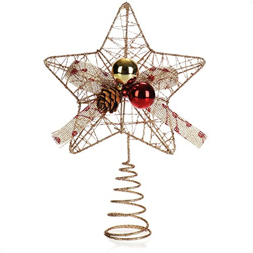 COM-FOUR® Deko Weihnachts-Stern - goldfarbener Stern mit Schleife, Zapfen und Kugeln - Christbaum-Schmuck - glitzernde Weihnachtsdekoration zum Hinstellen (goldfarben - mit Schleife - S)