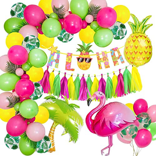 Hawaii Party Deko, Hawaii Beach Party Dekorationens mit Flamingo Luftballon, ALOHA Banner, Tropische Ballons, Tassels für ALOHA Tropischen Garten Tiki Luau Sommer Party
