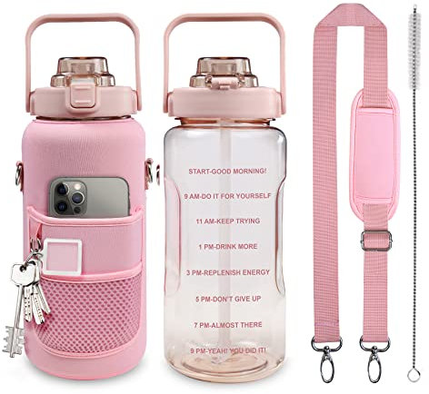 1.9 l Wasserflasche mit Aufbewahrungshülle, 2 l motivierende Wasserflasche mit Strohhalm und Zeitriemen, BPA-frei, auslaufsicher, große Sportflasche, Fitnessstudio, Sport (rosa)
