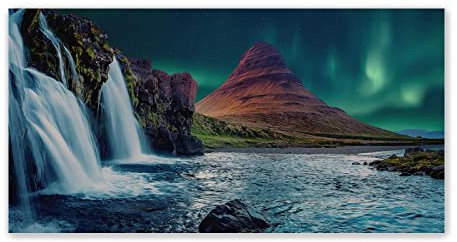 Bild auf Leinwand Nordlichter Poster-Winterlandschaft Kunstdruck Isländischer GebirgswasserfallGemälde Druck auf Leinwand-Aurora borealis Bilder-Wandkunst Leinwandbild 70x140cm(28x55in)Rahmenlos