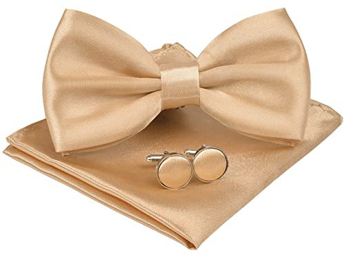 URAQT Fliege Herren, 3-teiliges Klassische Einfarbig Fliegen mit Einstecktuch Manschettenknöpfe für Männer, Smoking Fliege Schleife mit Haken, Schmale Bow Tie für Hochzeit Party (Gold)