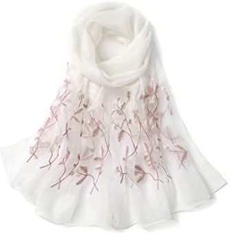 STARWHISPER Damen-Schal aus Seide und Wolle, langer und großer Schal, für Abendkleid, Elfenbeinfarbene Stickerei