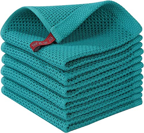 Moosfor Geschirrtücher 100% Baumwolle, 6er Set 30 x 30 cm, Weiche Geschirrhandtücher Küchenhandtücher Saugfähig Küchentücher Dicke Premium Geschirrtuch Spüllappen Putzlappen, Blaugrün