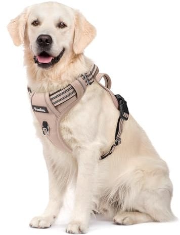Funfox Hundegeschirr Mittelgroße Hunde [L] - Verstellbares Anti-Zug Brustgeschirr mit Griff & Reflektorstreifen, Atmungsaktives No Pull Hundegeschirr für Grosse/Kleine Hunde Outdoor Braun