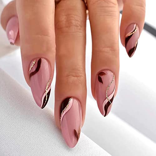 AKOFIC 24 Pcs Almond False Nails Medium Length, French Acrylic Press on Nails, Stylish Nude Fake Nails with Nail Glue Stick on Nails for Women Nail Art Manicure Decoration (Pink Almond)
