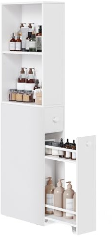 VASAGLE Slim Bathroom Storage Cabinet, Narrow Freestanding Cabinet with Storage Drawers and Adjustable Shelf, for Small Spaces, Modern Style, Cloud White UBBK567T14S
