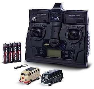 Carson 500504152 1:87 VW T1 Polizei+ Malteser Combo 2.4GHz LCD - Fahrfertiges Modell, 2.4 GHz Fernsteuerung mit Ladeanschluss, inkl. 4xAAA Senderbatterien, mit LED Beleuchtung, Anleitung