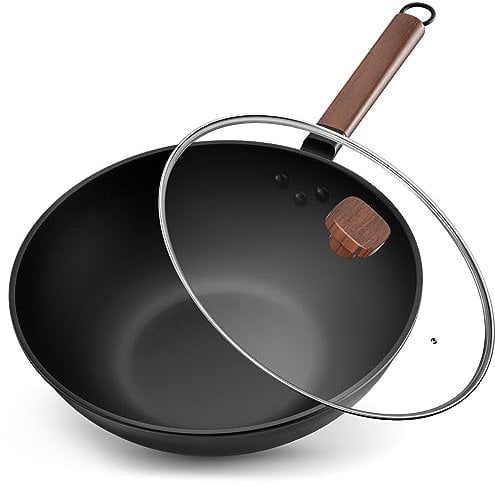 Jobin 33 cm/5,6L Wok en Acier au Carbone Avec Couvercle - Sans Revêtement Chimique - Cuisiner des Plats Asiatiques pour 4-6 Personnes - Convient à Induction/Electrique/Gas