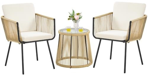 Yaheetech Ensemble Bistro 2 Personnes Salon de Jardin en Osier 3 Pièces avec Fauteuils à Coussins Table Basse à Cadre Métallique Plateau en Verre Trempé