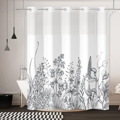 Yanutan Duschvorhang ohne Haken, zweilagiger Duschvorhang mit Blumenmuster und Gewichten, minimalistischer Stoff-Badvorhang mit durchsichtigem Netz, 180,3 x 188 cm, Schwarz und Weiß