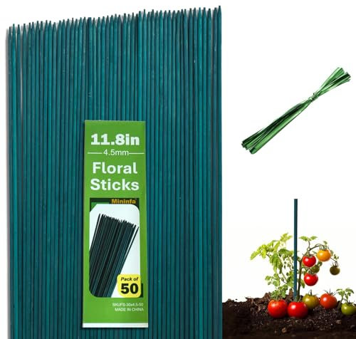Mininfa Lot de 50 tiges de bambou vert de 30 cm pour plantes grimpantes avec attaches torsadées pour plantes, légumes, convient pour la maison, le jardin, les plantes grimpantes (30 cm)