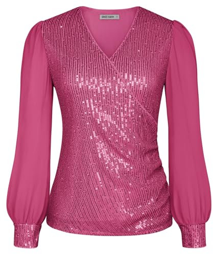 GRACE KARIN Damen Rote Festliche Bluse Glitzer Langarm Disco Party Outfit Basic Slim Fit Tunika Abschlussball Oberteile für Kleider Rose Rot M