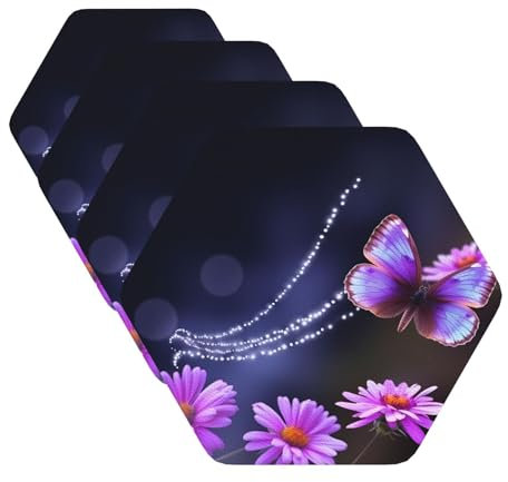Lot de 4 dessous de verre hexagonaux en cuir pour boisson, motif papillon violet, tapis de protection pour bar, table basse, cuisine, salle à manger