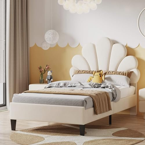 YCYDHDM Polsterbett 90x200 cm mit Kopfteil in Blumenform, Kinderbett Einzelbett, Stauraum unter dem Bett, Bettgestell aus Massivholz und Samt, Bett mit Lattenrost, Ohne Matratze, Jugendbett, Beige