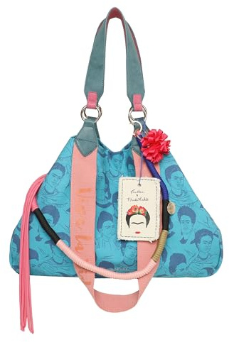 Fritzi x Frida Kahlo Izzy Limited Denim Shopper Damen Schultertasche Handtasche Freizeit Alltag Arbeit Festival Druckknopf Canvas 29 x 42 x 15 cm – Rosa, Pink, Lila, Grün, Orange, Blau