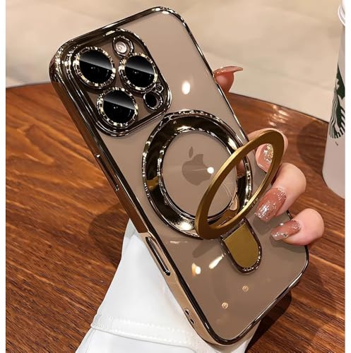 ZinLyuen Magnetic Case for iPhone 16 Pro Case Stand & Ring Holder Compatible with MagSafe Built-in Camera Lens Protector Shockproof Phone Case for iPhone 16 Pro 6.3 - Gold