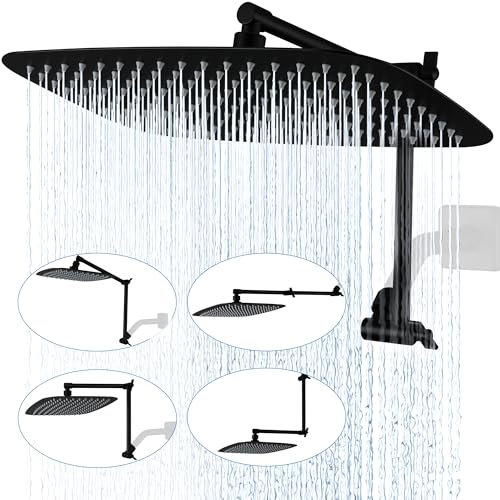 G-Promise Metal Rain Shower Head 14 with 16 Adjustable Extension Arm High Pressure Rain Shower Head Luxury Modern Look Rectangle Large Waterfall Shower Head (Matte Black)