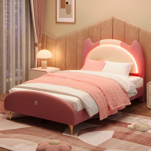 Ctastay Kinderbett Polsterbett 90x200 cm mit LED- Beleuchtung, Bett Einzelbett mit Kopfteil, Familienbett Jugendbett mit Lattenrost, PU, Beige + Rosa (Ohne Matratze)