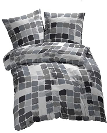 etérea Microfaser Bettwäsche 155x220 2er Set - Ganzjahres Bettbezug - Punkte Karos Set mit Kissen 155x220cm + 80x80 cm Kissen - Grau