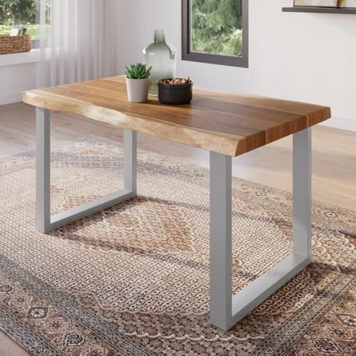 trelevo Esszimmertisch 120x80 cm, Akazienholz massiv, Tischplatte naturfarben, echte Baumkante, U-Gestell Silber, Baumkantentisch