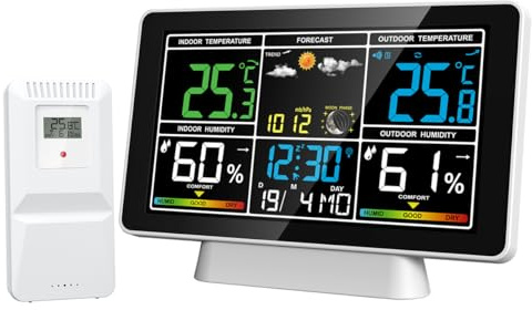 POFET Digitale Wetterstation mit Außen-/Innensensor, MSF Kabelloser digitaler Wecker, Barometer, Temperatur, Feuchtigkeitsmonitor, Wettervorhersage für den Hausgarten