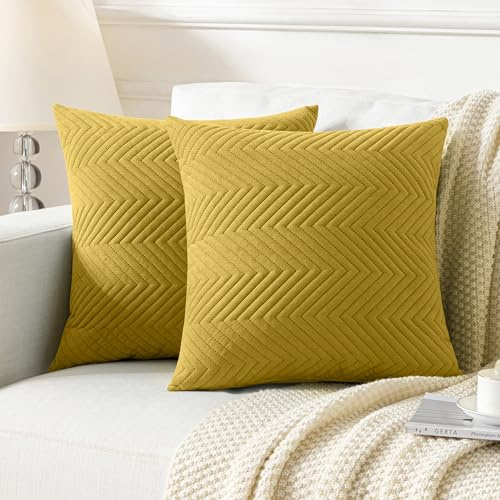 JELLYMONI Kissenbezüge 60×60cm 2er Set Gelb Kissenhülle Gestreift Polyester Zierkissenbezüge mit Reißverschluss Dekokissen Sofakissenbezug Wurfkissenbezug Deko für Sofa Wohnzimmer (KEIN Einsatz)
