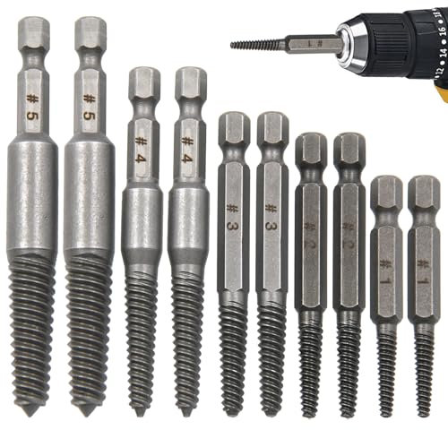 Screw Extractor Set 10 PCS 1/4 Hex Shank Bolt Extractor Set Damaged Screw Remover Easy Out Screw Remover Durable Stripped Screw Extractor Stripped Screw Removal Tool for Removing Broken Bolts Studs
