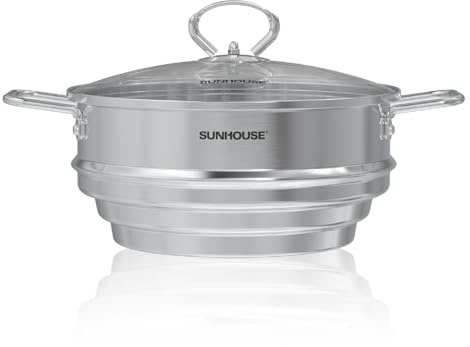 SUNHOUSE 5 Quart Stainless Steel Steamer Insert – Multi-Purpose Soup & Food Steamer with Stay-Cool Handles & Heavy-Duty Glass Lid – Fits Various Pot Sizes (8, 8.5, 9.5)