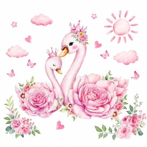 Codulu Schwan Rosa Blumen Wandaufkleber Spruch Wolken Sonne Wandtattoos | Aquarell-Wanddeko,für Mädchen und Erwachsene,Schlafzimmer,Wohnzimmer,Kindergarten,Zuhause/Büro