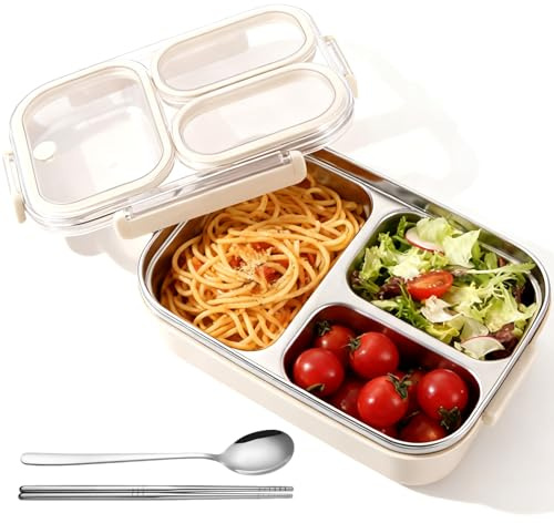 SUNOYA Edelstahl Brotdose Lunchbox mit 3 Fächern, 1000ml Brotdose Metall, 304 Auslaufsicher mit Fächern, Inklusive Besteck Bento-Lunchbox Edelstahl Schule Büro unterwegs Spülmaschinenfest