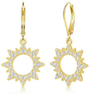 ALEXCRAFT Glitz 14K Vergoldete Silber 925 Ohrringe Hängend Zirkon Schmuck | Silber 925 Ohrringe Hängend Blitz Klein Creolen mit Anhänger Herz Sonnen Blumen Zirkon Strass Stein Ohrhänger Damen Mädchen